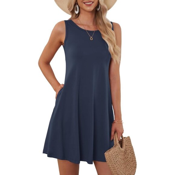 Dresses & Skirts - Women's Navy Blue Sleeveless Crew Neck Summer Boho Beach Dress with Pockets